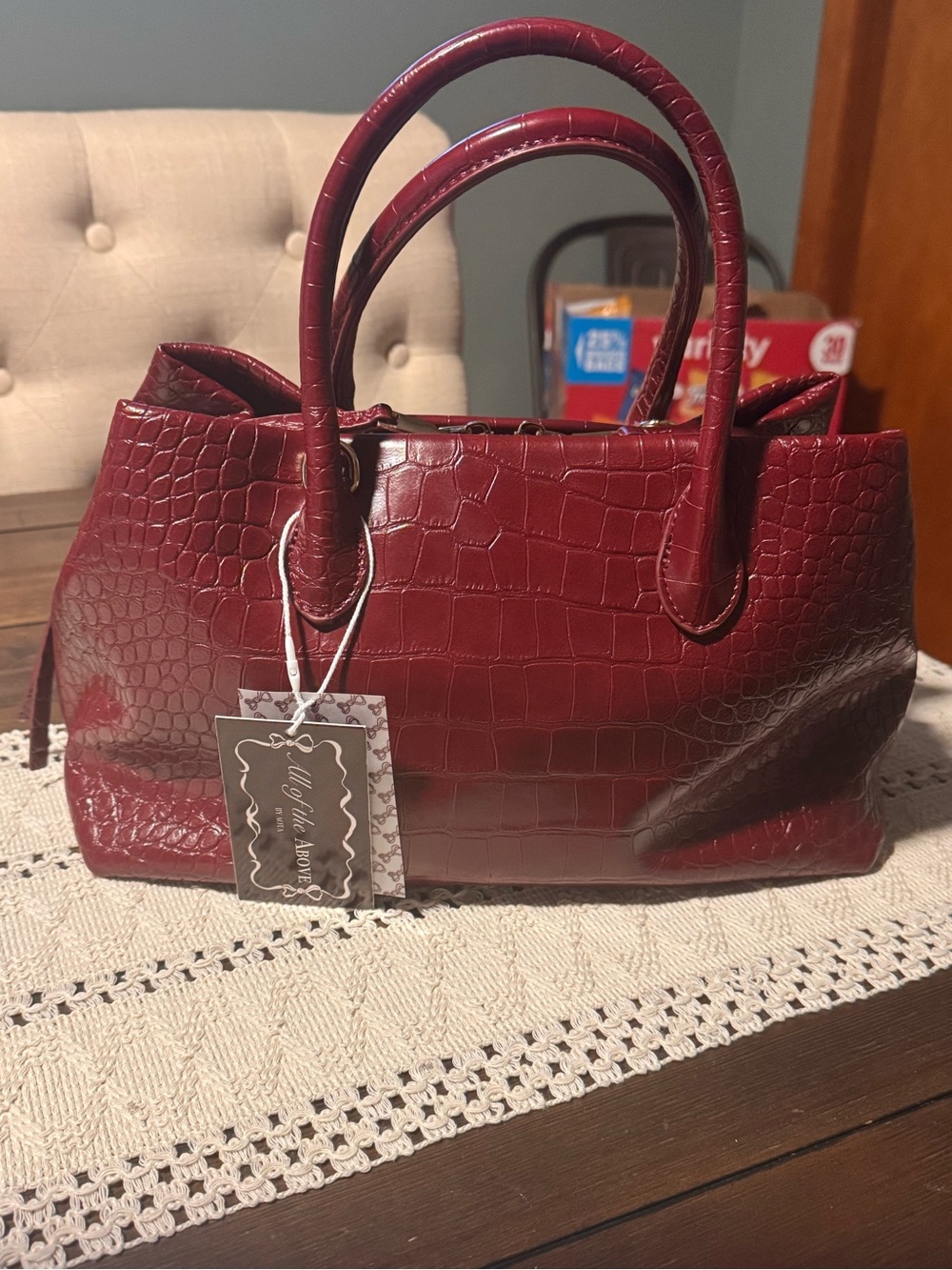 Women's Croc-Embossed Satchel Handbag - Wine Red